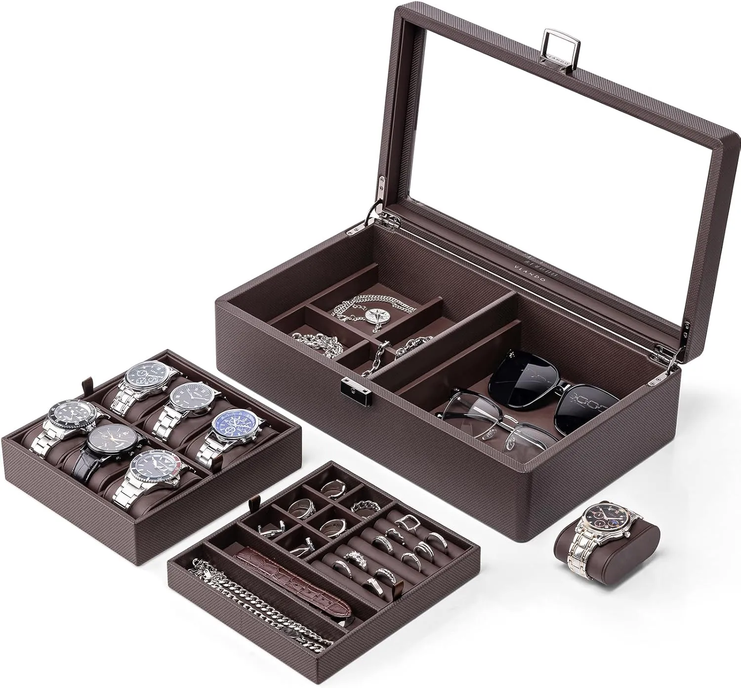 Vlando 6-Slot Watch Box Organize, Lockable Watch Case with Textured Leather, 2 Layer Watch Holder for Rings, Bracelets, Glasses, Glass Lid, Removable Divider, Gift for Fathers, Husband, Friend, Brown
