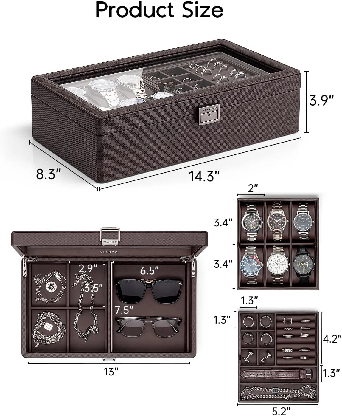 Vlando 6-Slot Watch Box Organize, Lockable Watch Case with Textured Leather, 2 Layer Watch Holder for Rings, Bracelets, Glasses, Glass Lid, Removable Divider, Gift for Fathers, Husband, Friend, Brown
