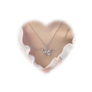 W WEILIRIAN Layered Crystal Butterfly Necklace Chain Rhinestone Butterfly Pendant Necklace Silver Hollow Butterfly Necklace Paved Cz Heart Necklace Choker Twisted Chain Necklace Jewelry for Women