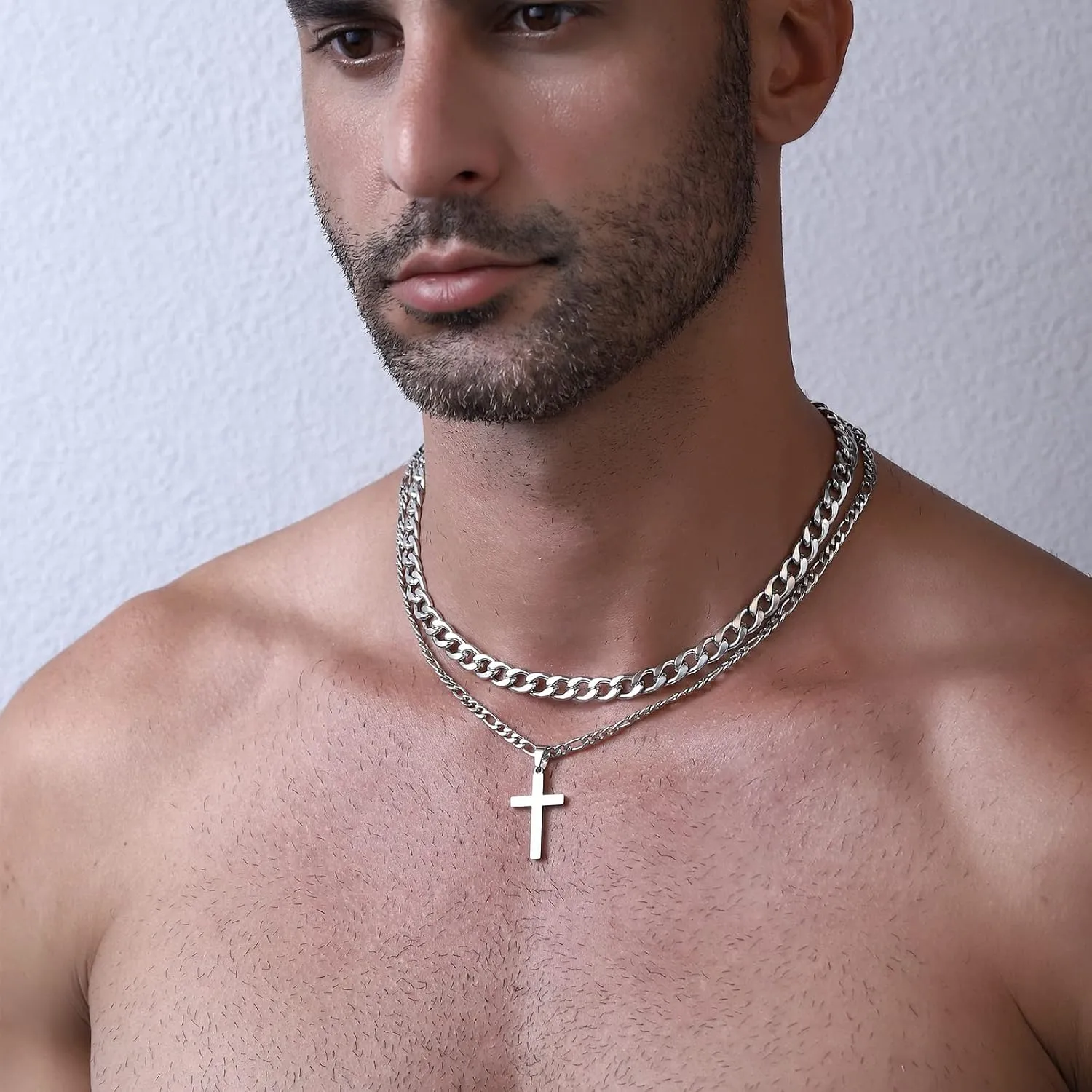 WEDDINEN Cross Necklace for Men Boys, Stainless Steel Layered Cross Pendant Cuban/Figaro Chains Christmas Jewelry Gifts