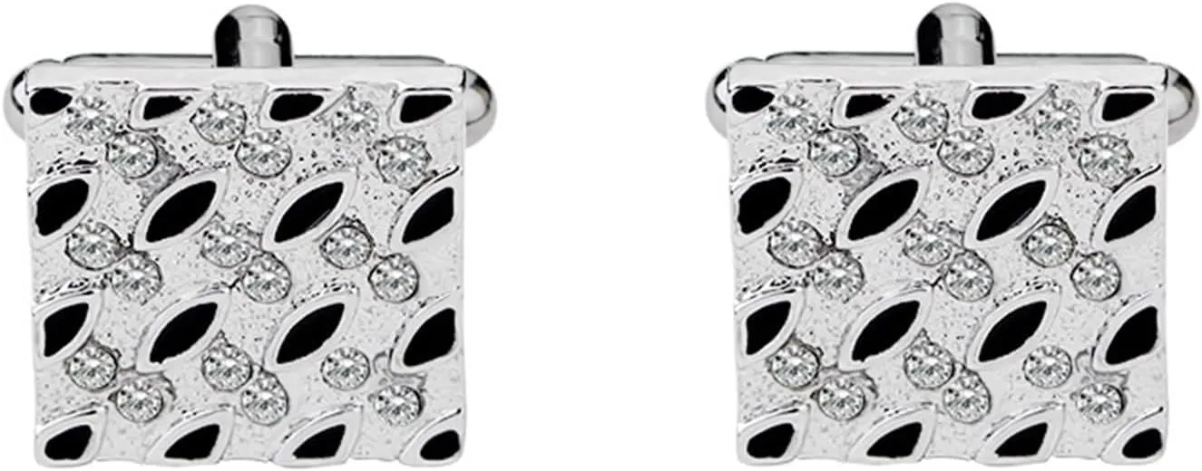 Wedding Cufflinks for Groom, Mens Cufflinks for Wedding Square Silver Black Men Cufflinks Set with White Round Shape Cubic Zirconia Alloy