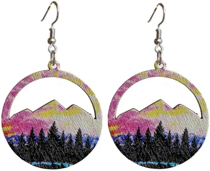 Western Cowgirl Cowboy Wooden Teardrop Dangle Earrings for Women Boho Vintage Turquoise Aztec Pattern Cactus Print Leather Earrings Jewelry