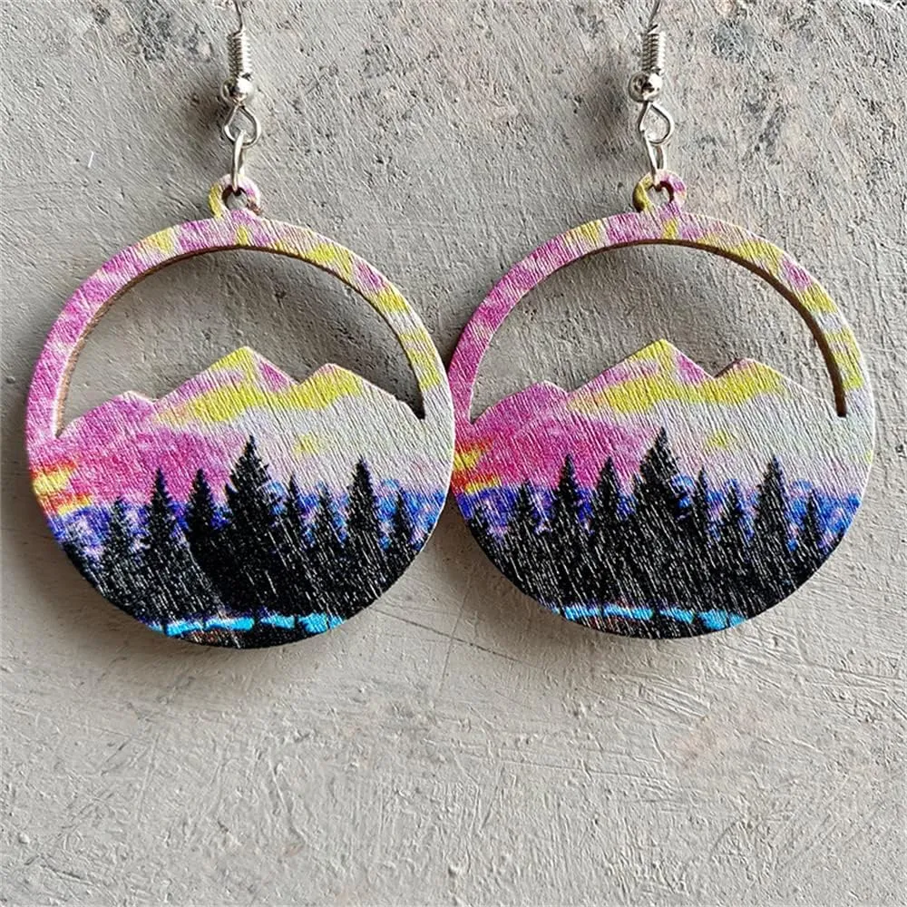 Western Cowgirl Cowboy Wooden Teardrop Dangle Earrings for Women Boho Vintage Turquoise Aztec Pattern Cactus Print Leather Earrings Jewelry