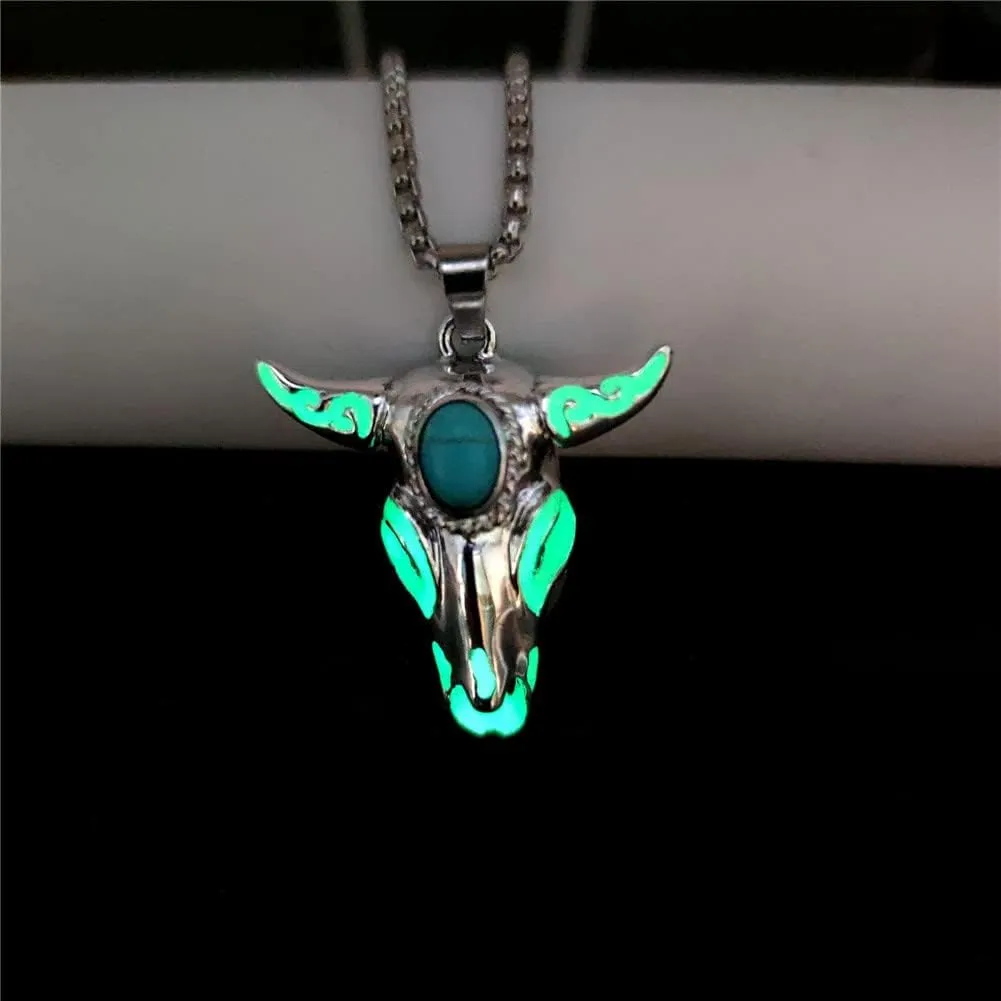Western Necklace for Cowgirl Cowboy Bohemian Turquoise Bull Ox Head Skull Necklace for Women Men Glow in The Dark Jewelry