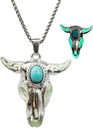 Western Necklace for Cowgirl Cowboy Bohemian Turquoise Bull Ox Head Skull Necklace for Women Men Glow in The Dark Jewelry
