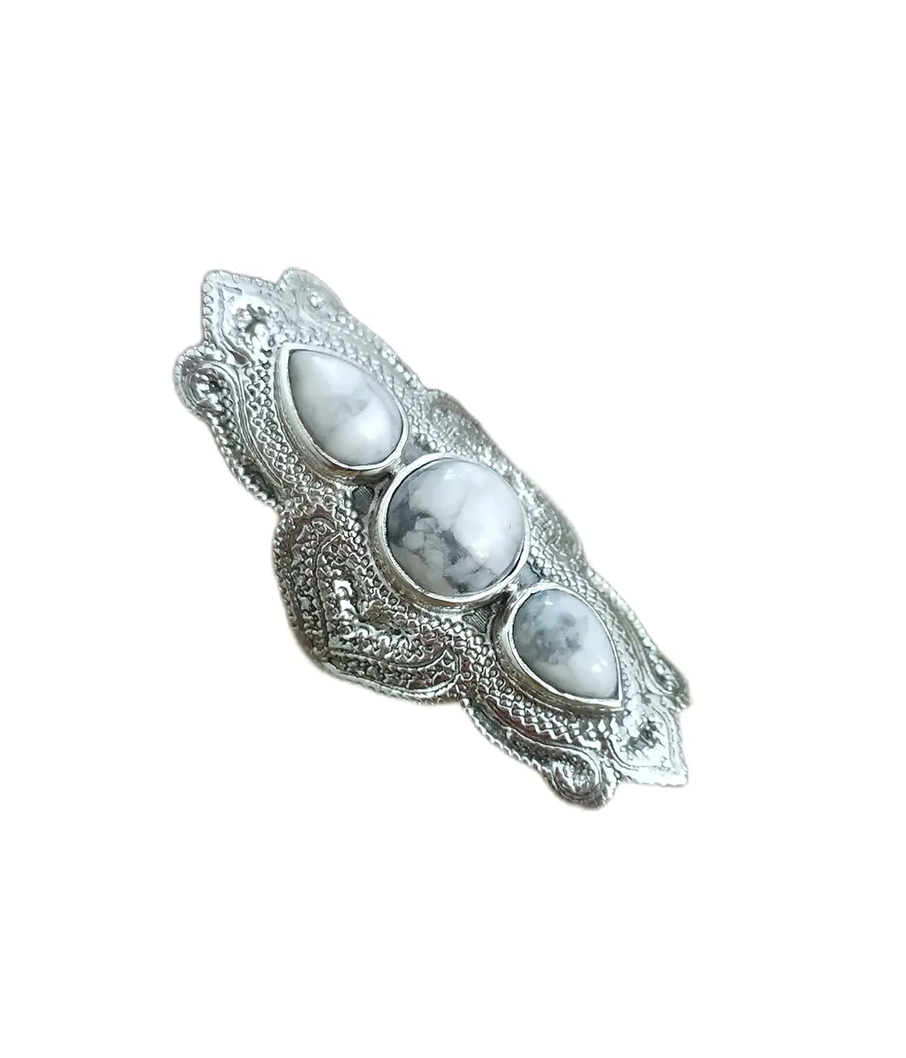 White Howlite Ring, Pure 925 Silver Ring, Long Ring, Three Stone Ring, Healing Ring, Bohemian Jewelry, Vintage Style, Statement Ring, Mother Day Jewelry, Party Wear Ring, First Impression Ring