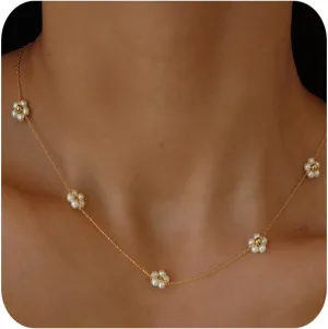 White Pearl Daisy Layered Choker Necklace for Women Golden Stack Necklace Pearl Flower Clavicle Chain for Friends Wedding Bridal Jewelry
