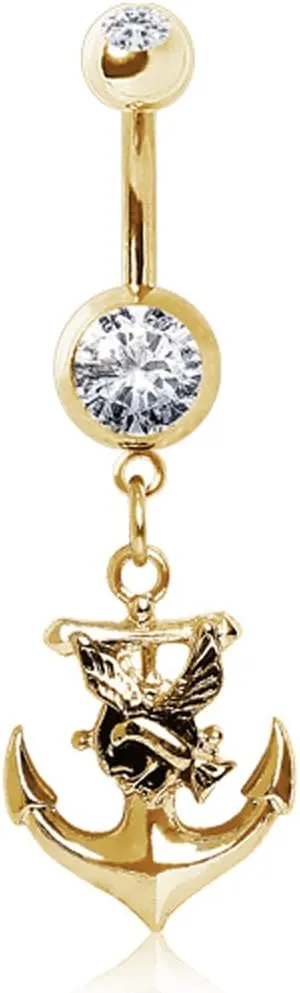 WildKlass Jewelry Gemmed Navel Ring with Anchor and Seagull Dangle Gold Plated 316L