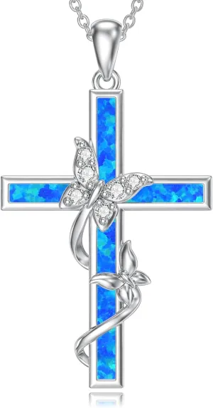 WINNICACA Cross Necklace for Women 925 Sterling Silver Butterfly Pendant Necklace Blue/White/Purple/Pink Opal Jewelry Gifts for Women Her Wife Girlfriend Birthday Mothers Day Gifts