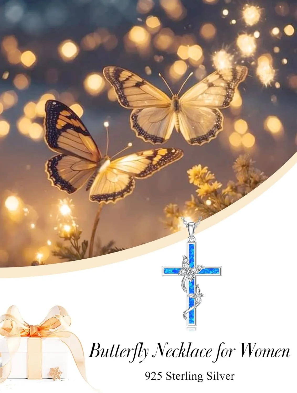 WINNICACA Cross Necklace for Women 925 Sterling Silver Butterfly Pendant Necklace Blue/White/Purple/Pink Opal Jewelry Gifts for Women Her Wife Girlfriend Birthday Mothers Day Gifts