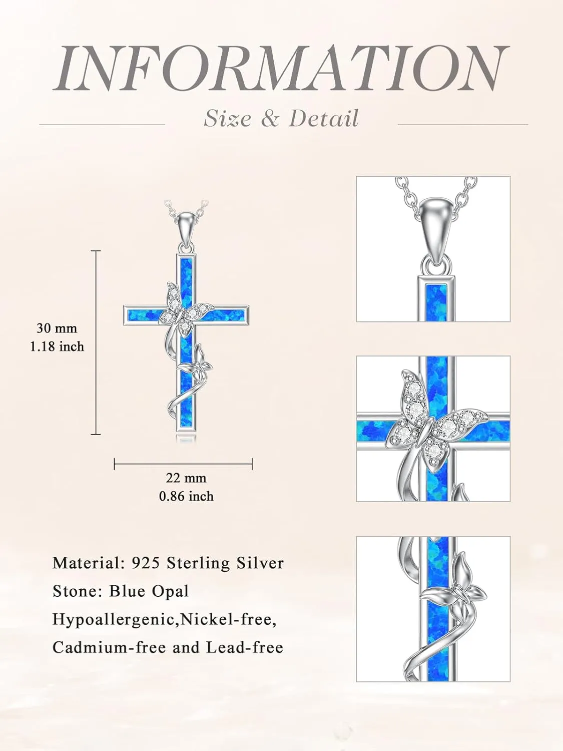 WINNICACA Cross Necklace for Women 925 Sterling Silver Butterfly Pendant Necklace Blue/White/Purple/Pink Opal Jewelry Gifts for Women Her Wife Girlfriend Birthday Mothers Day Gifts