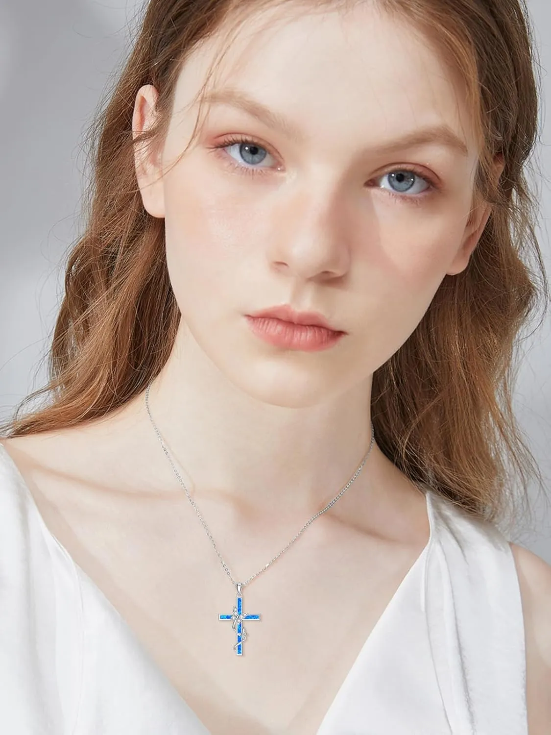WINNICACA Cross Necklace for Women 925 Sterling Silver Butterfly Pendant Necklace Blue/White/Purple/Pink Opal Jewelry Gifts for Women Her Wife Girlfriend Birthday Mothers Day Gifts
