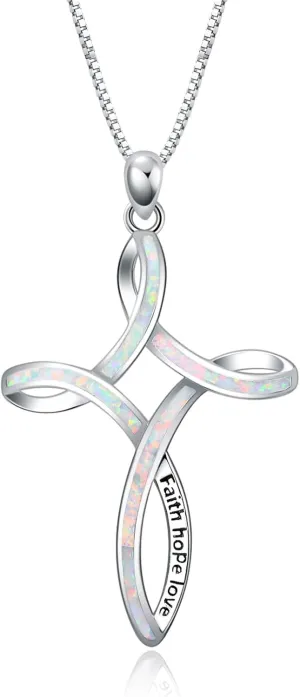 WINNICACA Opal Cross Necklace for Women, 925 Sterling Silver Cross Pendant Necklaces Celtic Knot Blue White Opal Jewelry Birthday Christian Gifts for Women Her Wife Mom Daughter