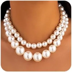 Wiwpar 2PCS Women's Chunky Large Multi-Strand Pearl Bridal Necklace Vintage 1920s Large Pearl Collar Choker for Wedding Party Jewelry 20s Flapper (Style1)