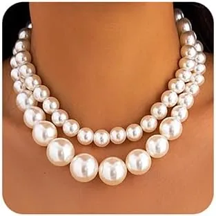 Wiwpar 2PCS Women's Chunky Large Multi-Strand Pearl Bridal Necklace Vintage 1920s Large Pearl Collar Choker for Wedding Party Jewelry 20s Flapper (Style1)