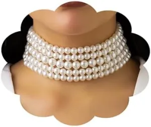 Wiwpar 5 Layers Strand Round Imitation Pearl Choker Necklace Vintage Multi Strands Necklace Collar Choker Pearl Statement Bridal Choker Necklace for Wedding 20s Flapper Themed Party (Style2)