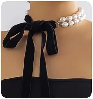 Wiwpar Gothic Vintage Double Layered Pearl Choker Necklace Long Black Velvet Wide Ribbon Bow Tie Necklace Pearl Bead Collar Necklace Party Bar Halloween Costume Jewelry for Women (Style1)