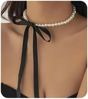 Wiwpar Punk Pearl Beaded Choker Necklace with Long Black Ribbon Bow Tie Vintage Baroque Pearl Choker Necklace Elegant Collar Necklace Prom Lolita Halloween Costume Jewelry for Women (Style2)