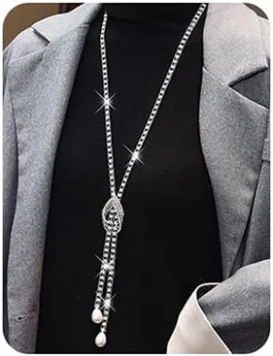 Wiwpar Silver Crystal Rhineston Knot Necklace for Women Long Peals Pendent Necklace Sweater Chain Statement Necklace Fashion Wedding Jewelry for Women Dressy Winter Evening Party (Style1)