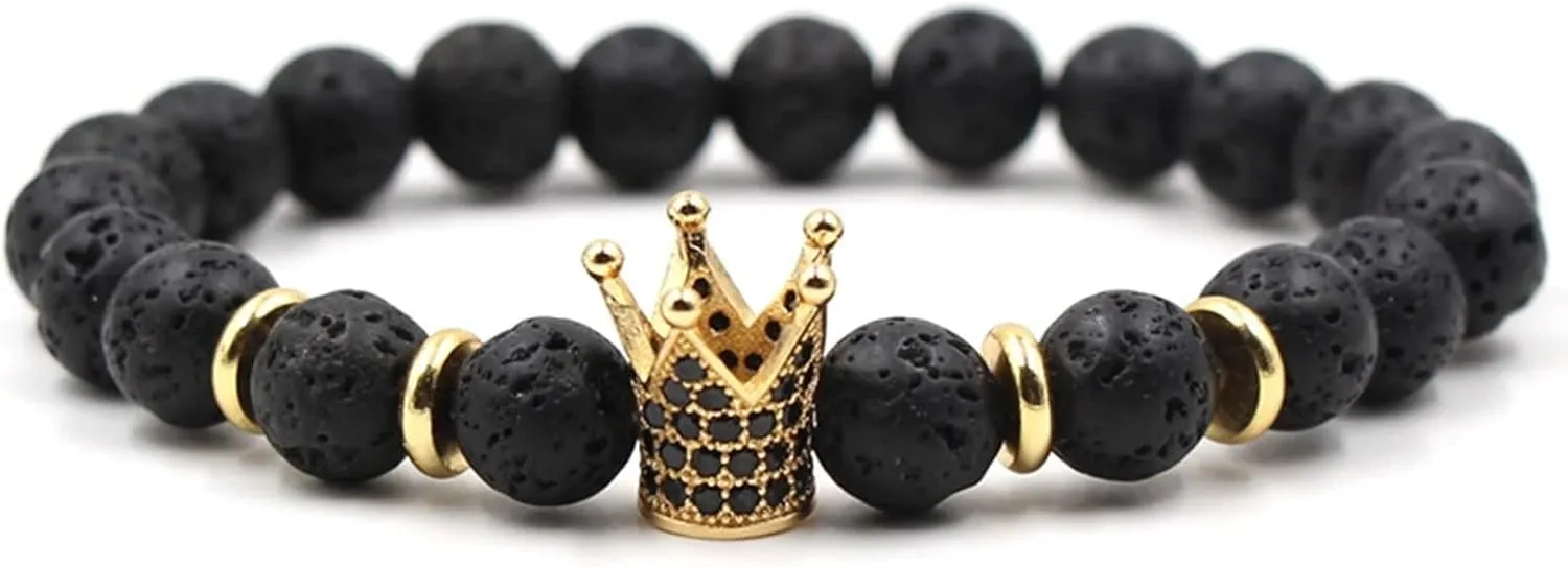 Women Friendship Bracelets, Crown for Men 8mm Lava Stone Bead Vintage Healing Stainless Steel Jewelry Gifts