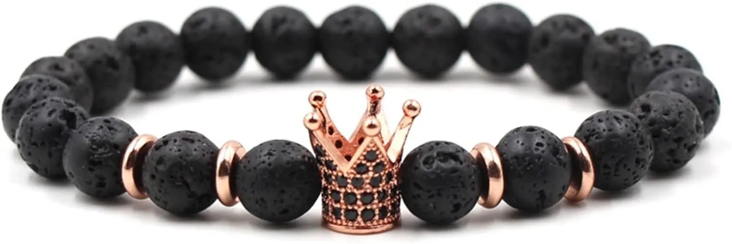 Women Friendship Bracelets, Crown for Men 8mm Lava Stone Bead Vintage Healing Stainless Steel Jewelry Gifts