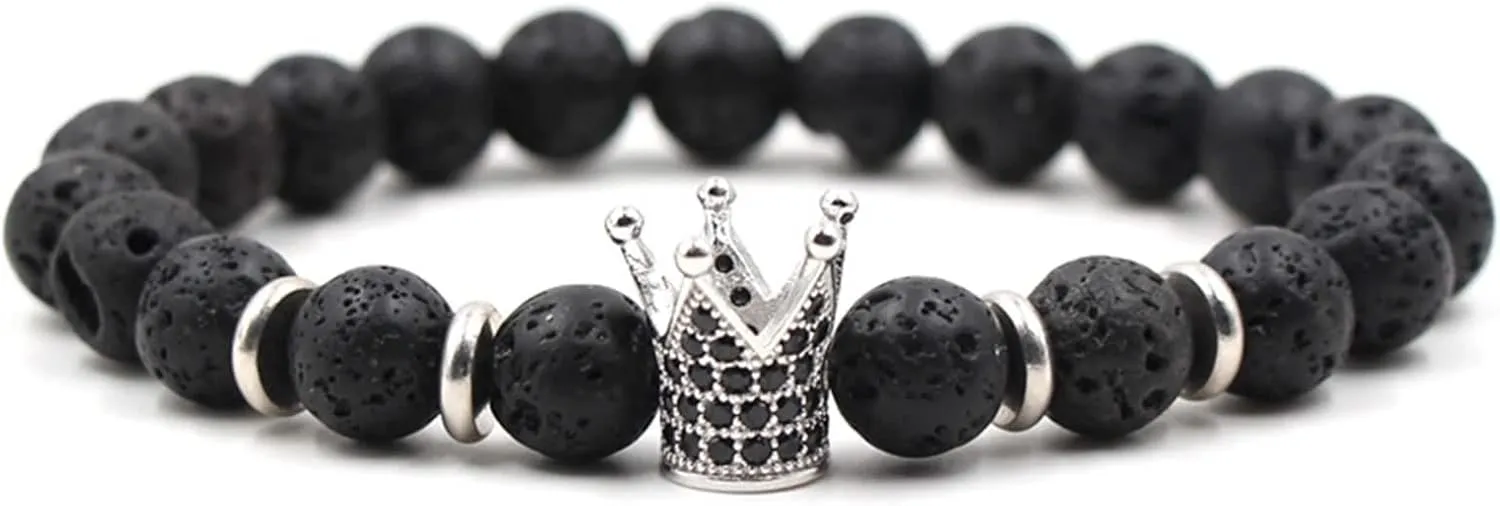 Women Friendship Bracelets, Crown for Men 8mm Lava Stone Bead Vintage Healing Stainless Steel Jewelry Gifts