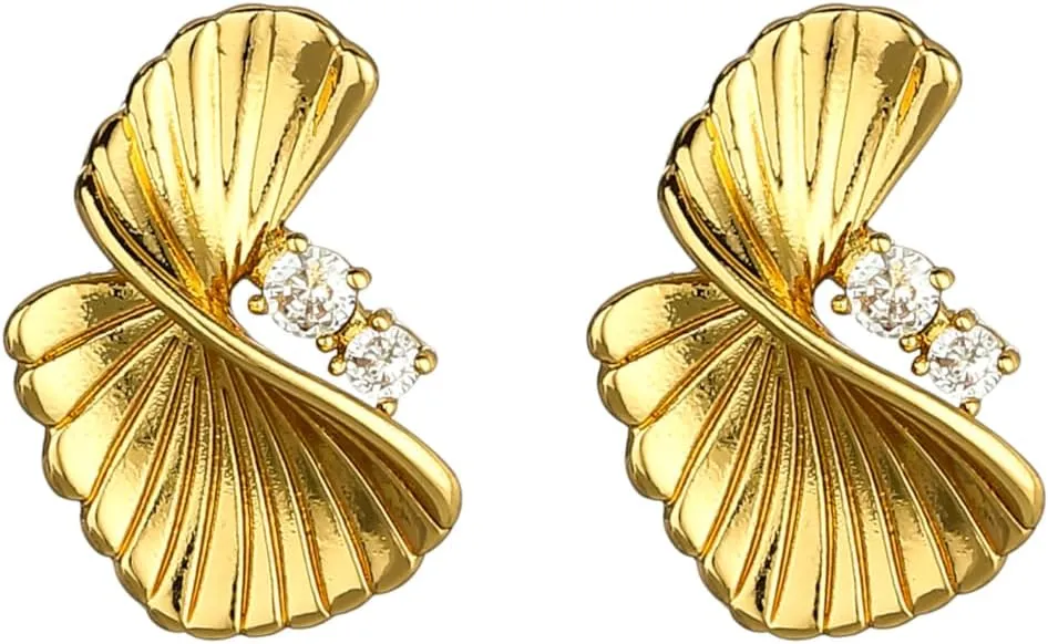 Women's 14K Gold Plated Stud Earrings | Sterling Silver Posts | Dainty Statement Twisted Scallop Earrings with Cubic Zircon Trendy Elegant Gift for Her