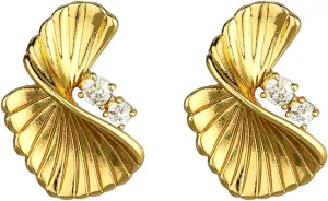 Women's 14K Gold Plated Stud Earrings | Sterling Silver Posts | Dainty Statement Twisted Scallop Earrings with Cubic Zircon Trendy Elegant Gift for Her