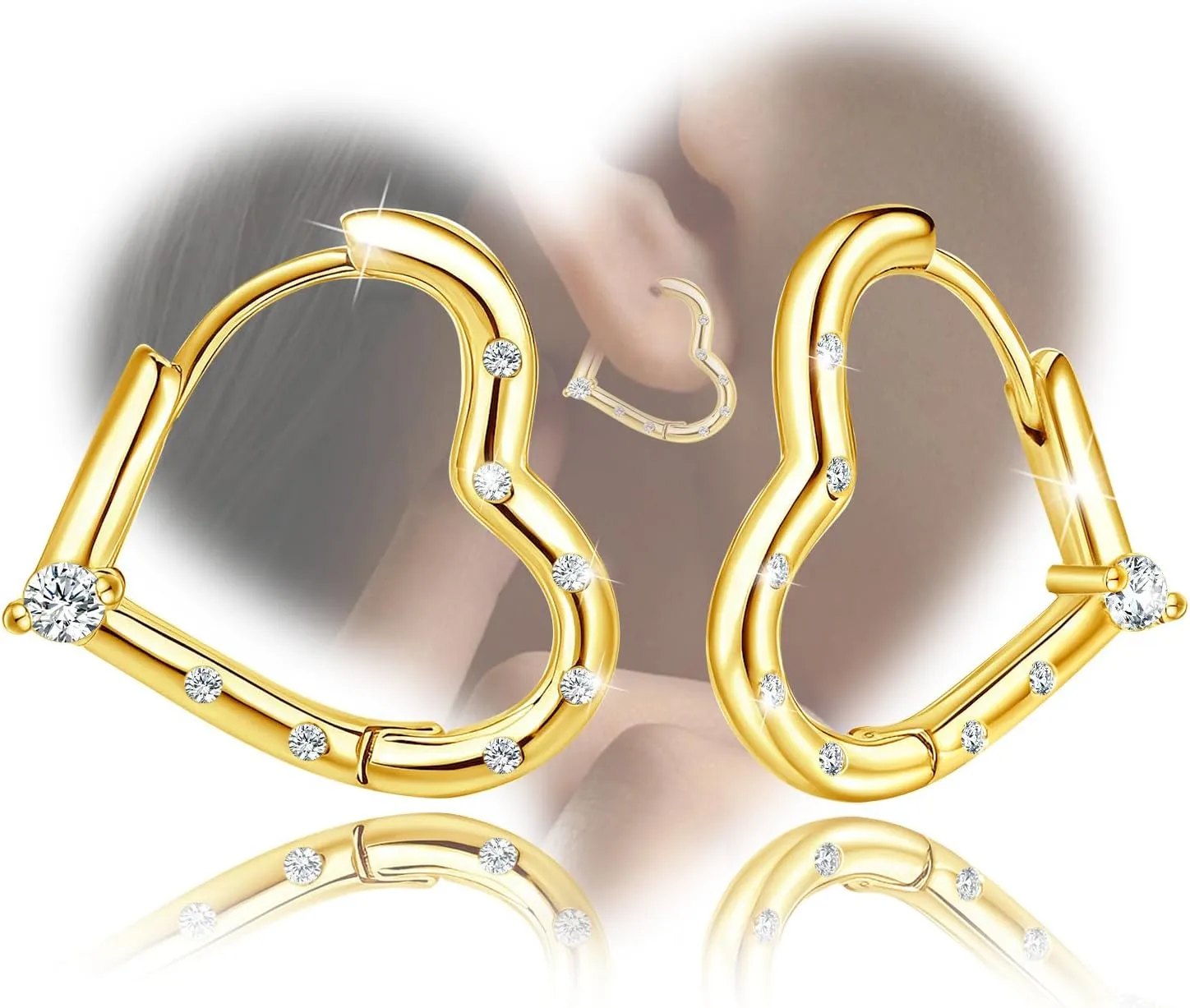 Women's 18K Gold Plated Sterling Sliver Heart - Shaped Hoop Earrings Cubic Zirconia Hypoallergenic Lightweight Fashion Love Heart Hoop Earrings for Mom Wife