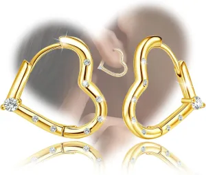 Women's 18K Gold Plated Sterling Sliver Heart - Shaped Hoop Earrings Cubic Zirconia Hypoallergenic Lightweight Fashion Love Heart Hoop Earrings for Mom Wife