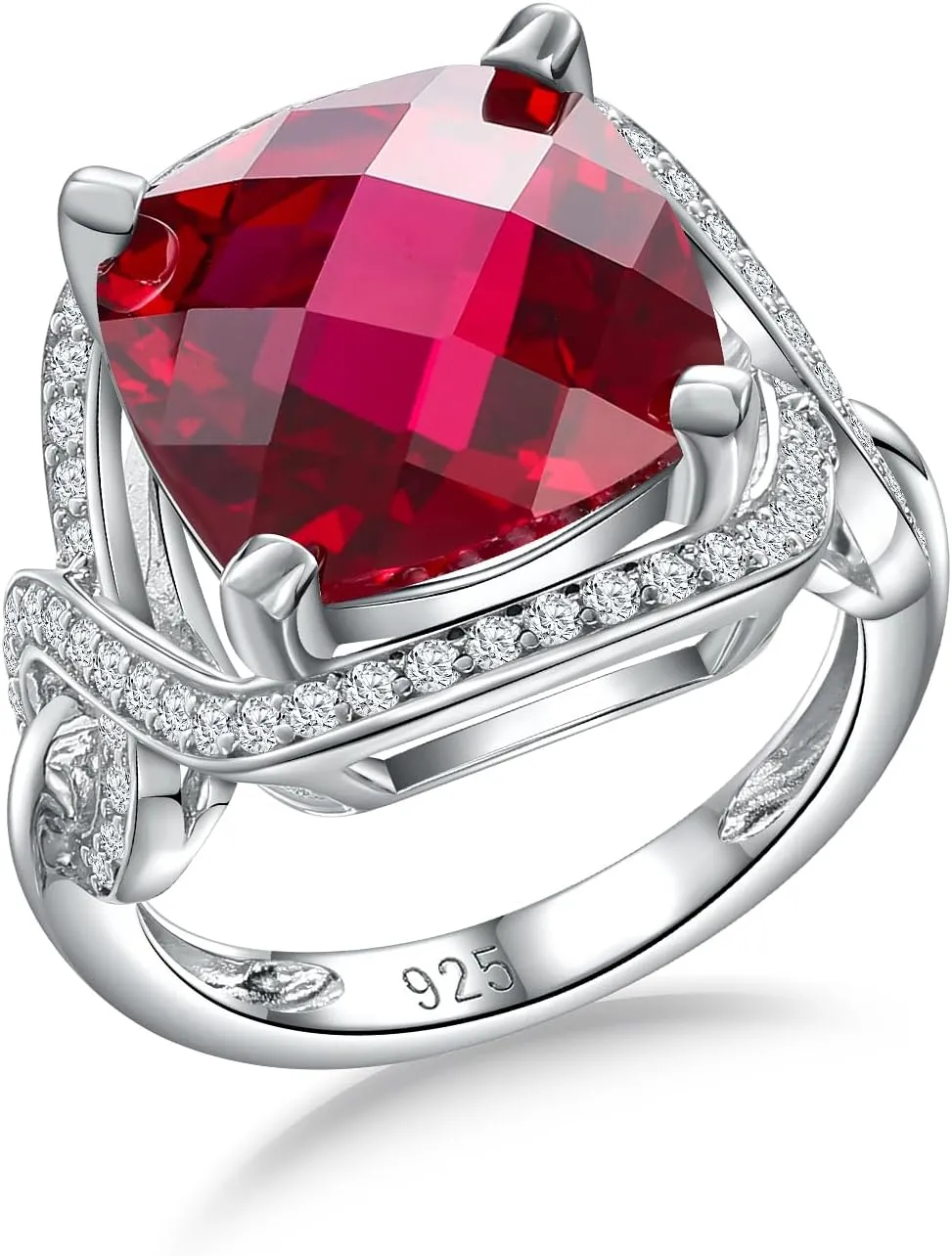 Womens Birthstone Engagement Ring 925 Sterling Silver Oval Cushion Cut Sapphire/Ruby/Emerald/Opal Gemstone Anniversary Ring Big Statement Cocktail Halo Ring Size 6 to 10 (with Gift Box)