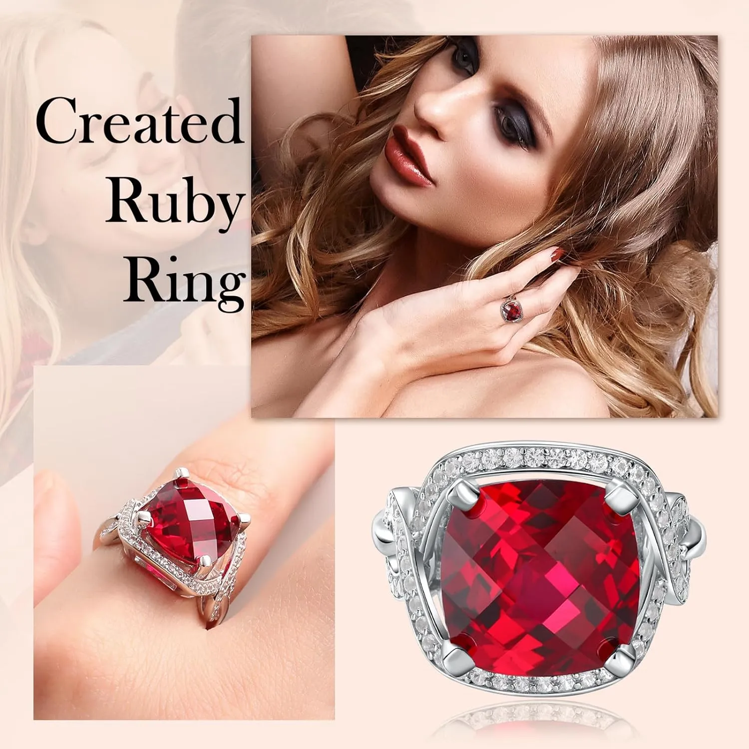 Womens Birthstone Engagement Ring 925 Sterling Silver Oval Cushion Cut Sapphire/Ruby/Emerald/Opal Gemstone Anniversary Ring Big Statement Cocktail Halo Ring Size 6 to 10 (with Gift Box)