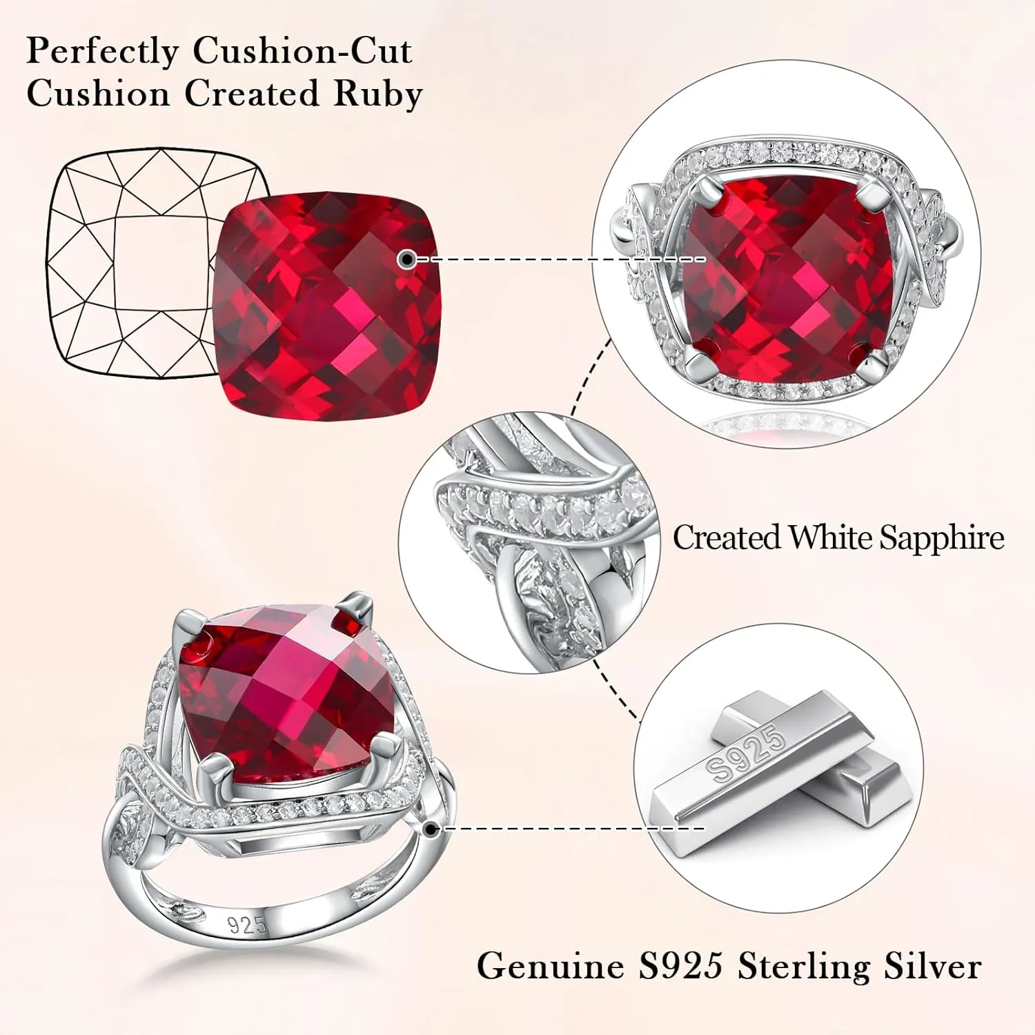 Womens Birthstone Engagement Ring 925 Sterling Silver Oval Cushion Cut Sapphire/Ruby/Emerald/Opal Gemstone Anniversary Ring Big Statement Cocktail Halo Ring Size 6 to 10 (with Gift Box)