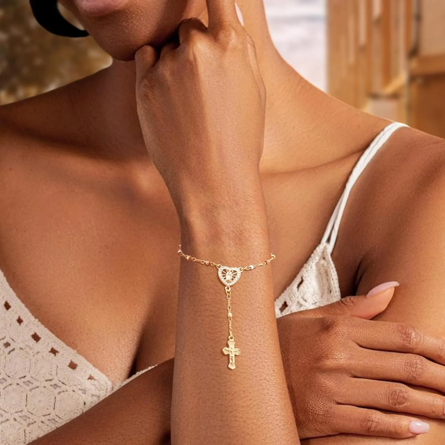 Women's Gold Virgin Mary Bracelet - 14k Gold Plated Rosary Beads Cross Bracelets,Hypoallergenic Non Tarnish Religious Rosarios Catolicos Virgen de Guadalupe Jewelry,Catholic Baptism Gifts for Her