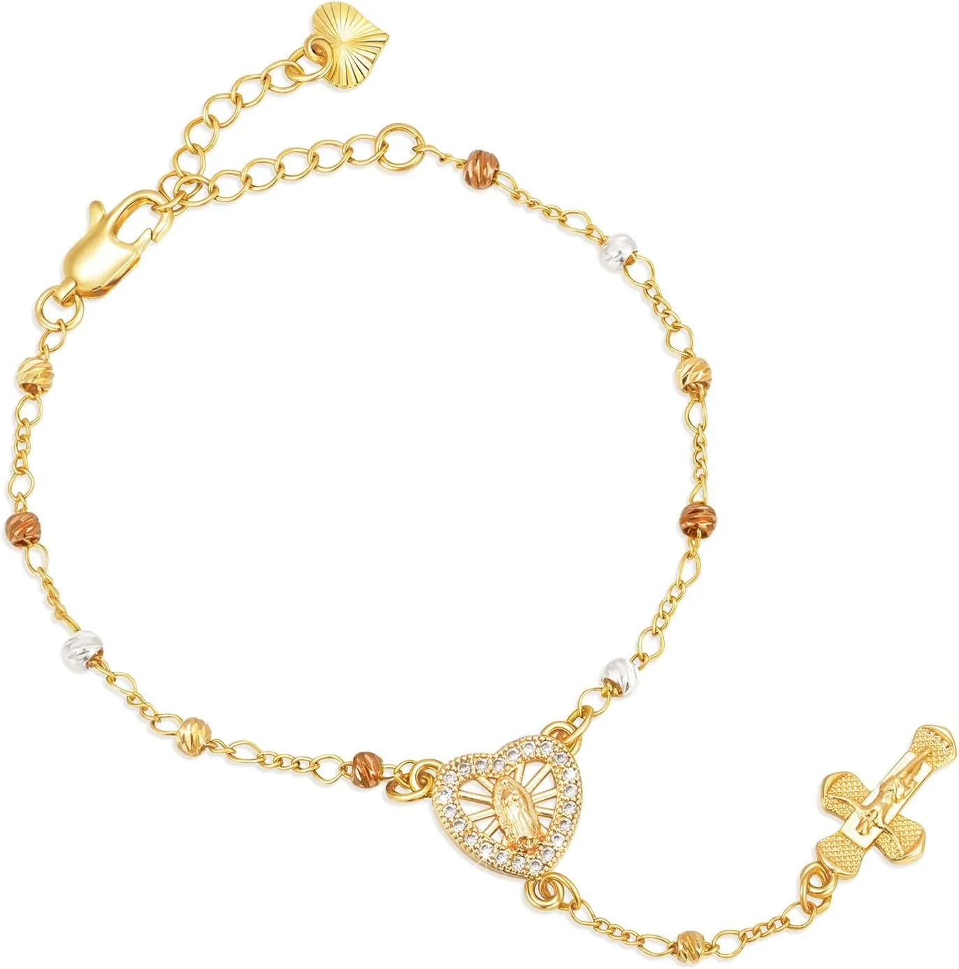 Women's Gold Virgin Mary Bracelet - 14k Gold Plated Rosary Beads Cross Bracelets,Hypoallergenic Non Tarnish Religious Rosarios Catolicos Virgen de Guadalupe Jewelry,Catholic Baptism Gifts for Her