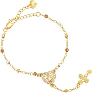 Women's Gold Virgin Mary Bracelet - 14k Gold Plated Rosary Beads Cross Bracelets,Hypoallergenic Non Tarnish Religious Rosarios Catolicos Virgen de Guadalupe Jewelry,Catholic Baptism Gifts for Her