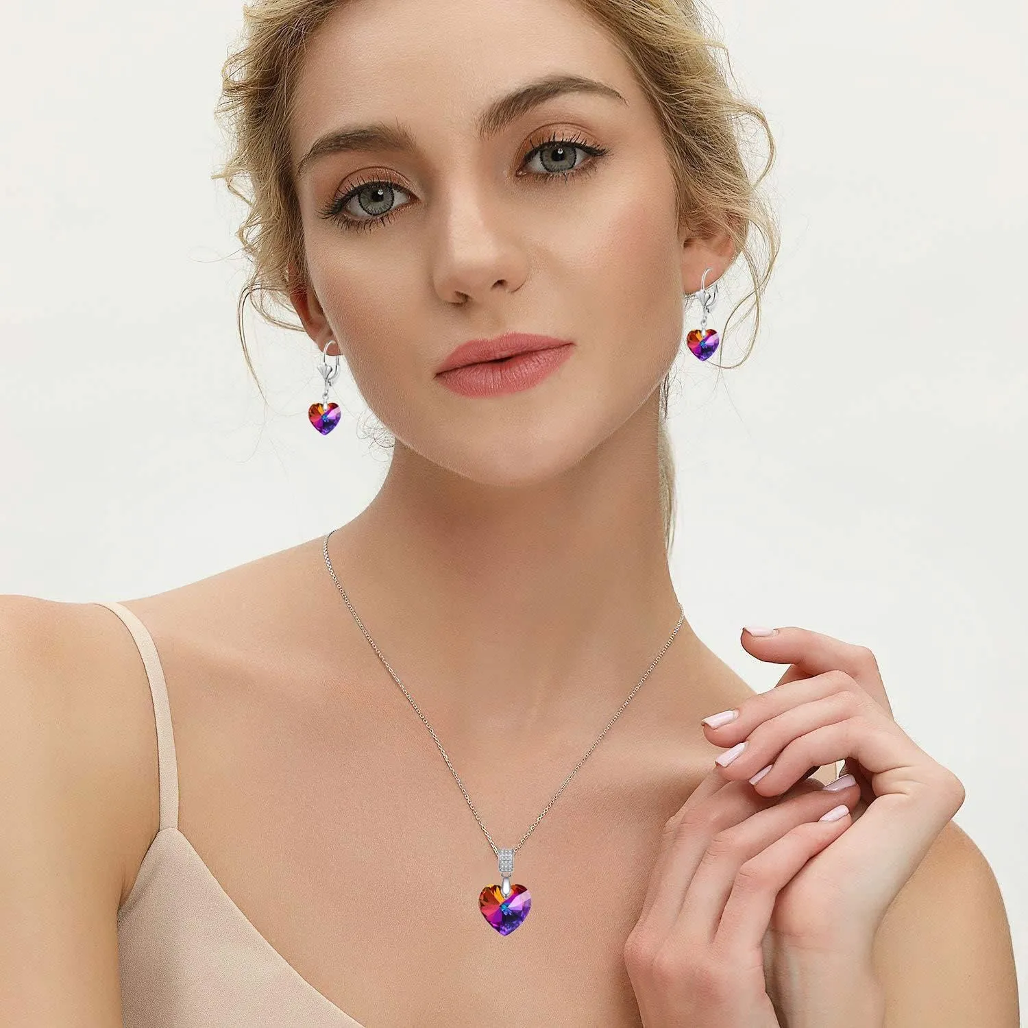 Women's Heart Crystal Jewelry Set Collection,Love Heart Necklaces and Earrings Jewelry Sets 14K Rhodium Tone Plated Crystals Birthstone Women Wife Girls Gift