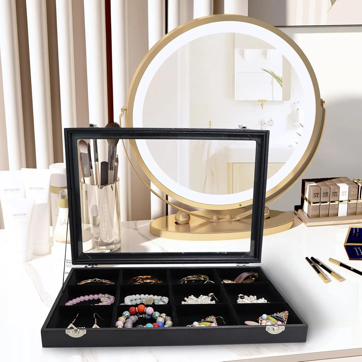 Wudygirl Jewelry Tray Clear Lid 12 Grid Jewelry Organizer Case Boxes Stackable Display Organizer Removable, Black Velvet (12 Grid)
