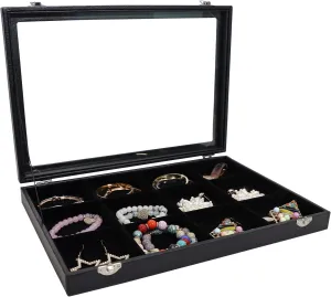 Wudygirl Jewelry Tray Clear Lid 12 Grid Jewelry Organizer Case Boxes Stackable Display Organizer Removable, Black Velvet (12 Grid)