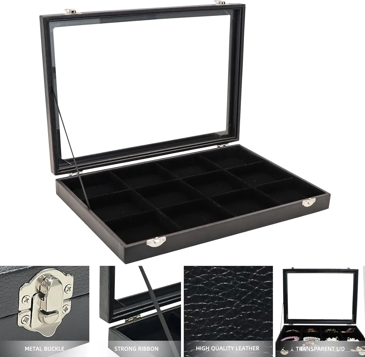 Wudygirl Jewelry Tray Clear Lid 12 Grid Jewelry Organizer Case Boxes Stackable Display Organizer Removable, Black Velvet (12 Grid)