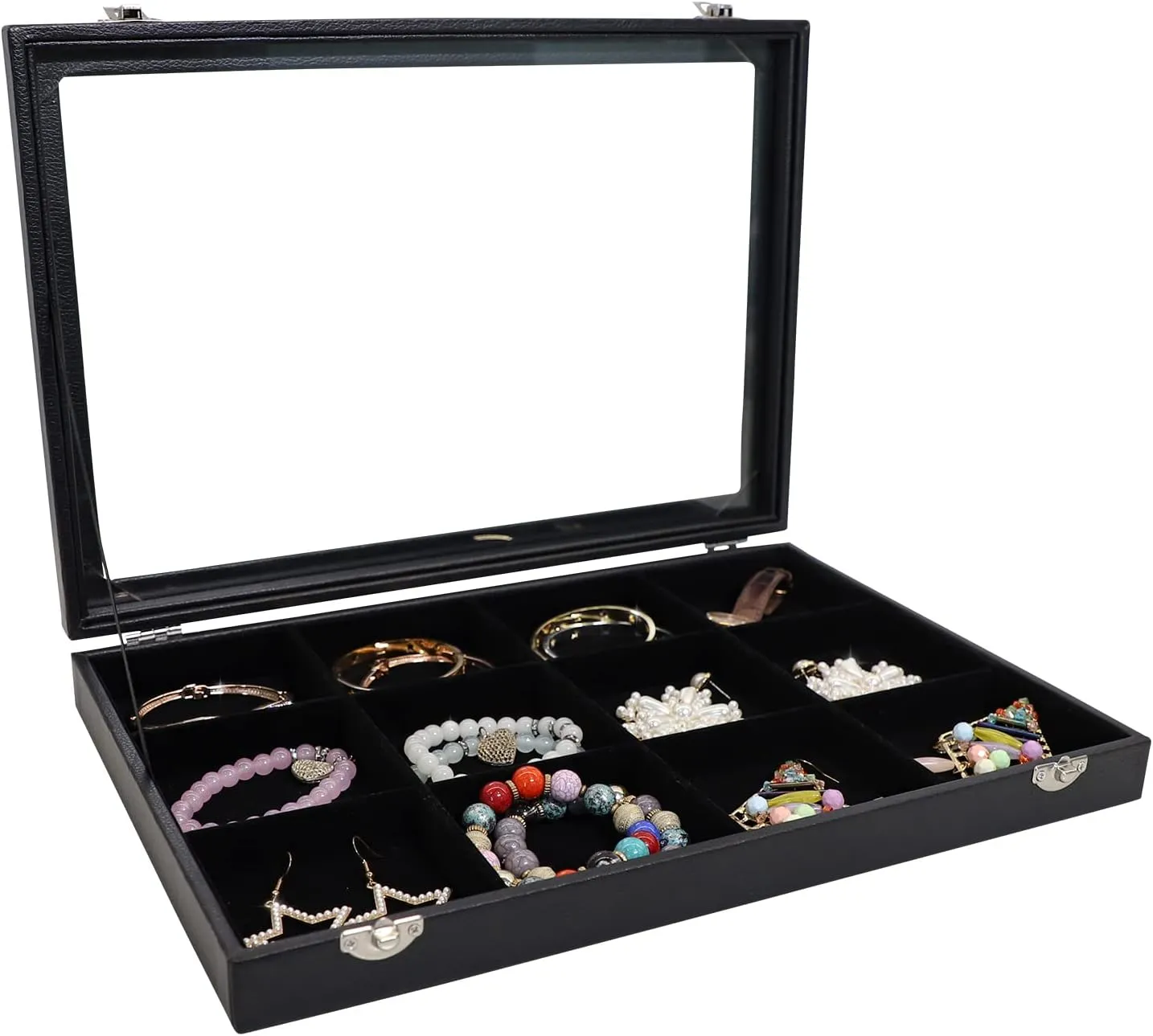 Wudygirl Jewelry Tray Clear Lid 12 Grid Jewelry Organizer Case Boxes Stackable Display Organizer Removable, Black Velvet (12 Grid)