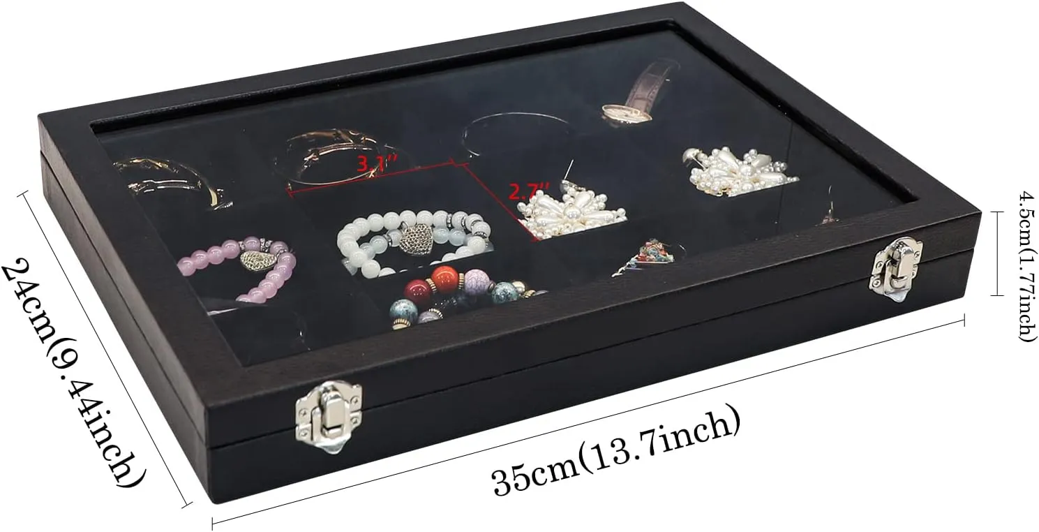 Wudygirl Jewelry Tray Clear Lid 12 Grid Jewelry Organizer Case Boxes Stackable Display Organizer Removable, Black Velvet (12 Grid)