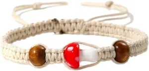 XAM 8mm Woven Adjustable Friendship Bracelet Tiger Eye Stone Colored Mushroom Bohemian Bracelet Gift