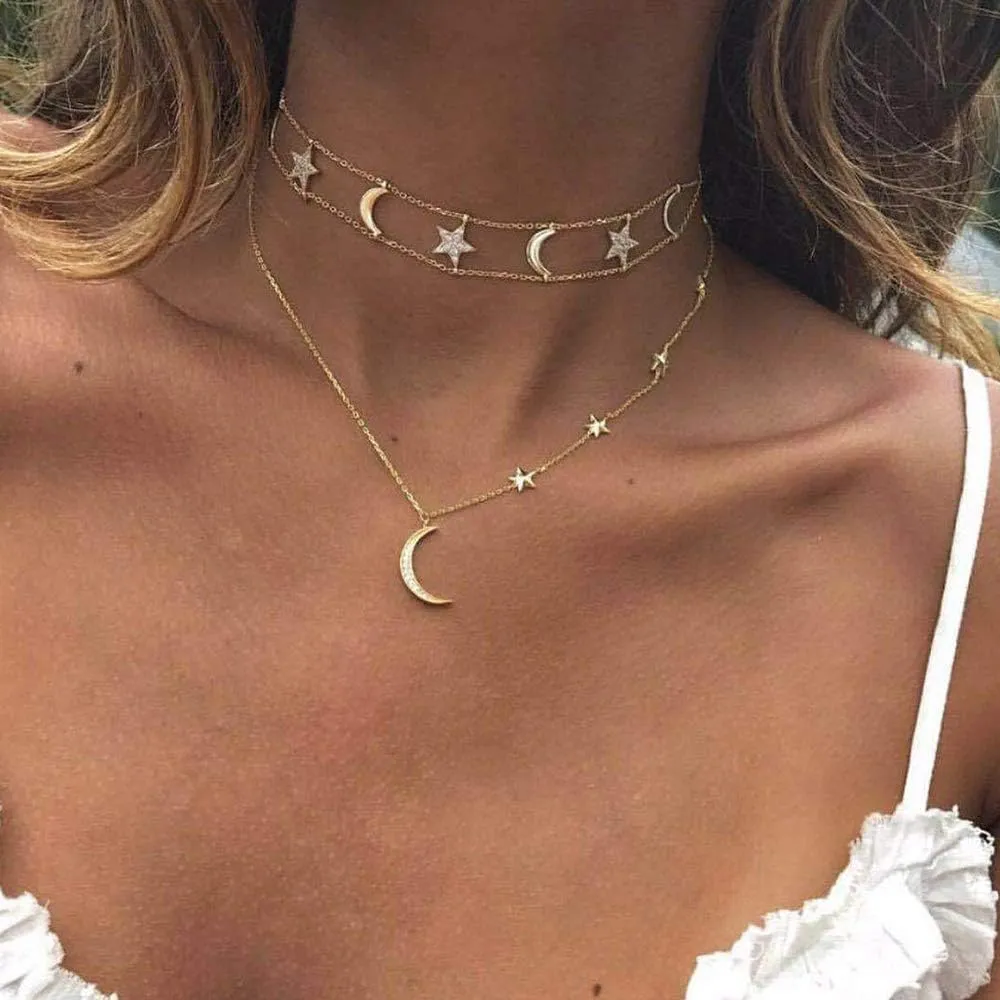 Xerling Moon Star Necklace Crystal Crescent Moon Pendant Necklace Bohemian Choker Necklace for Women Charm Jewelry Multi Layered Chain
