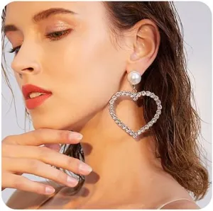 Xerling Pearl Crystal Rhinestones Love Heart Dangle Earrings Statement Wedding Drop Earrings for Women Bohemian Sparkly Jewelry Hoop Earring