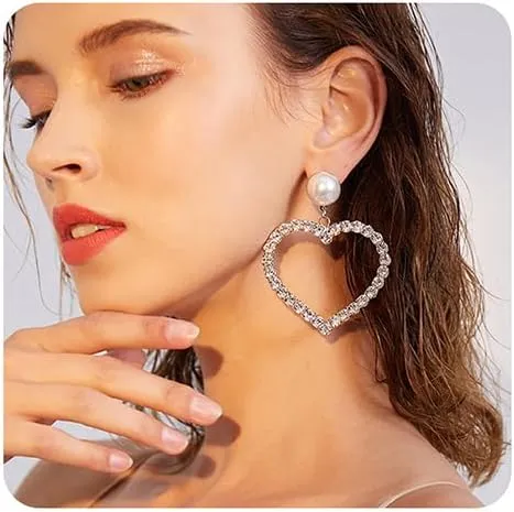 Xerling Pearl Crystal Rhinestones Love Heart Dangle Earrings Statement Wedding Drop Earrings for Women Bohemian Sparkly Jewelry Hoop Earring