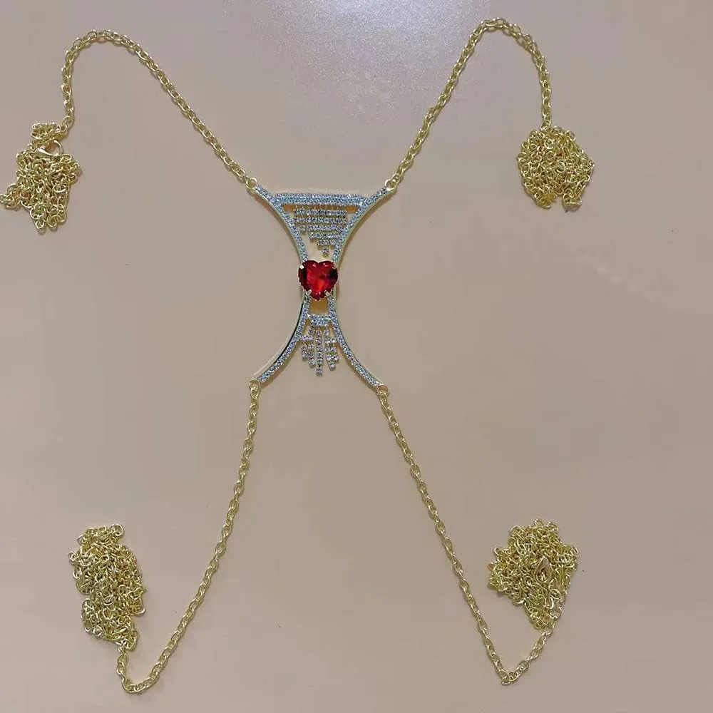 Xerling Red Heart Crystal Rhinestones Fringe Tassels Bra Chain Sexy Women Body Chains Bling Body Jewelry for Party Costume Bikini Summer Body Chains (Red Gold)