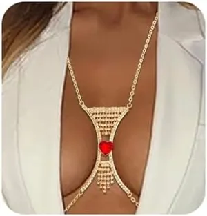 Xerling Red Heart Crystal Rhinestones Fringe Tassels Bra Chain Sexy Women Body Chains Bling Body Jewelry for Party Costume Bikini Summer Body Chains (Red Gold)