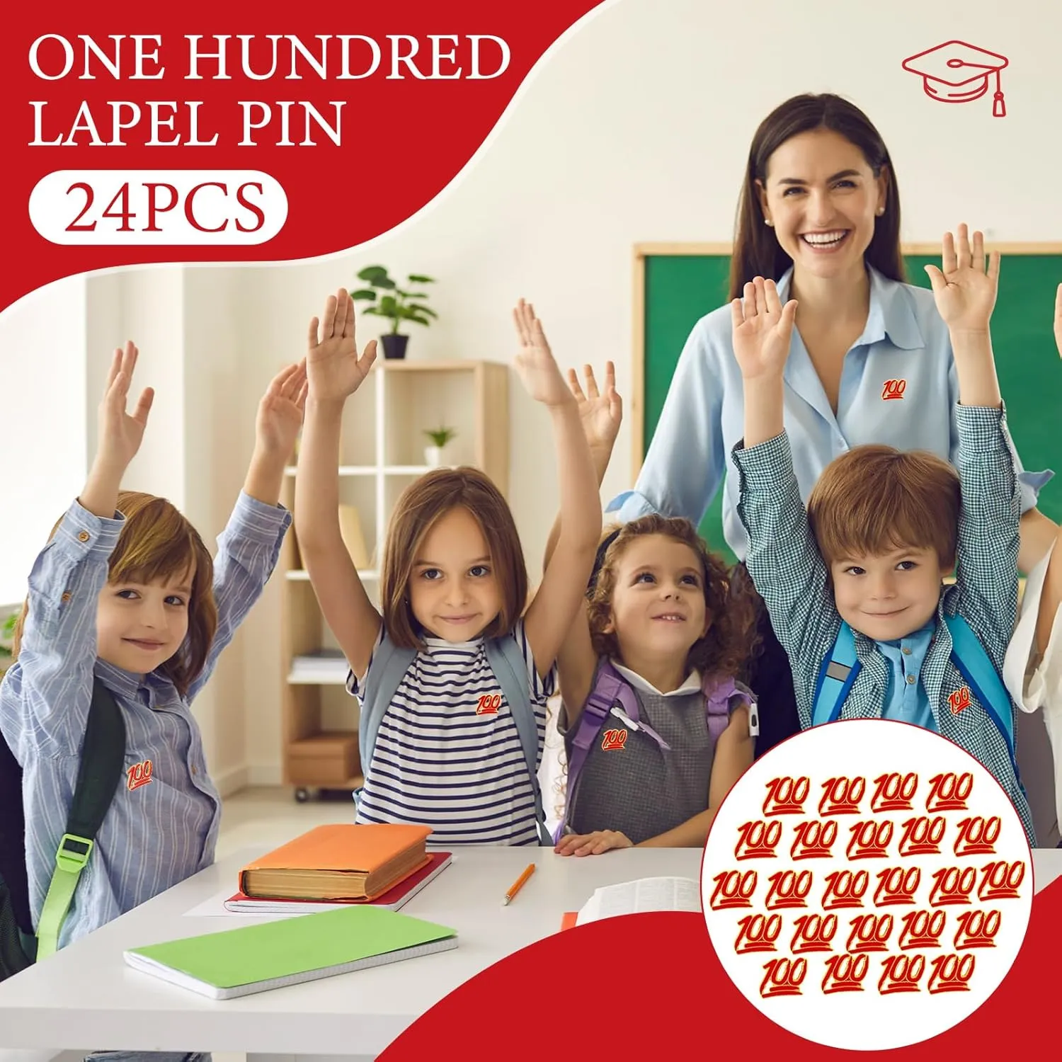 XunYee 24 Pcs One Hundred School Enamel Pins Employee Appreciate Reward Label Pins for Students Classroom Teacher Employees Graduation Gift