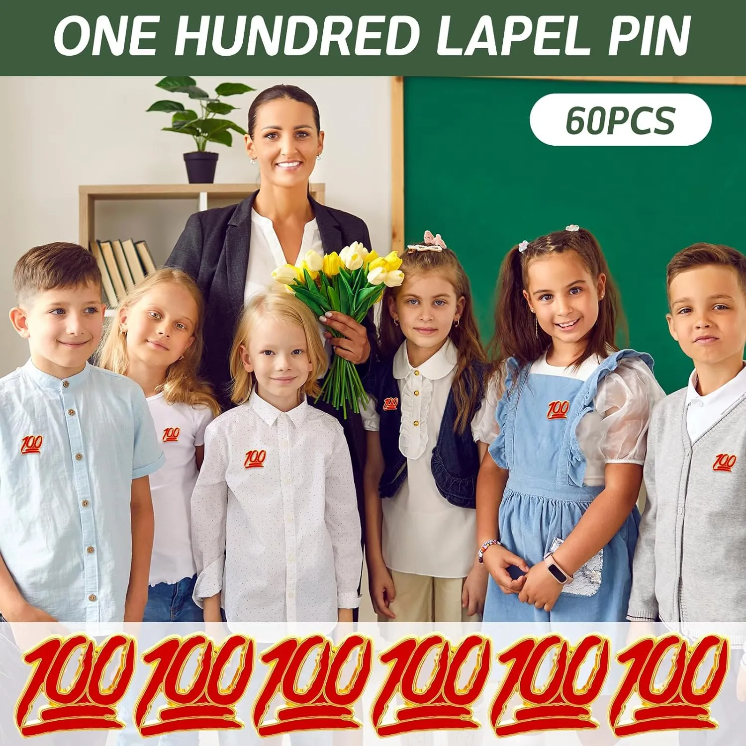 XunYee 60 Pcs One Hundred School Enamel Pins Employee Appreciate Reward Label Pins for Students Classroom Teacher Employees Graduation Gift